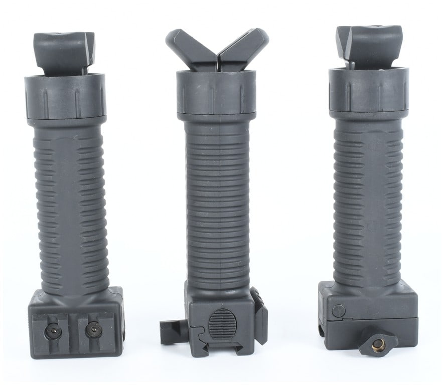 A Trio of Grip-Pod LE Polymer Vertical Foregrip/Bipod Units: A collection of three identical tactical accessories, commonly identified in the market as the Grip-Pod LE Polymer Bi-Pod or a similar commercial variant. These units are constructed entirely of durab