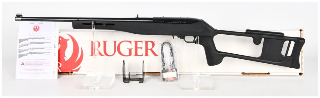 Ruger Model 10/22 Semi-Automatic Rifle in ATI Fiberforce Dragunov Stock, .22 LR, Serial 0009-64913: This is a semi-automatic Ruger Model 10/22 rifle, chambered in .22 LR. The rifle is identified by serial number 0009-64913, which is visible on the receiver and confirmed by the original factory box l