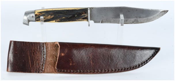 Vintage Stag Handled Fixed Blade Hunting Knife with Leather Sheath