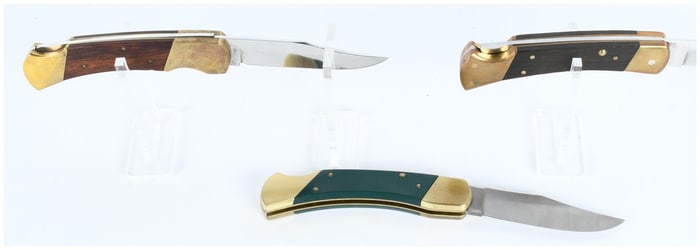 A Trio of Vintage Folding Lock-Back Knives in the Buck 110 Hunter Style