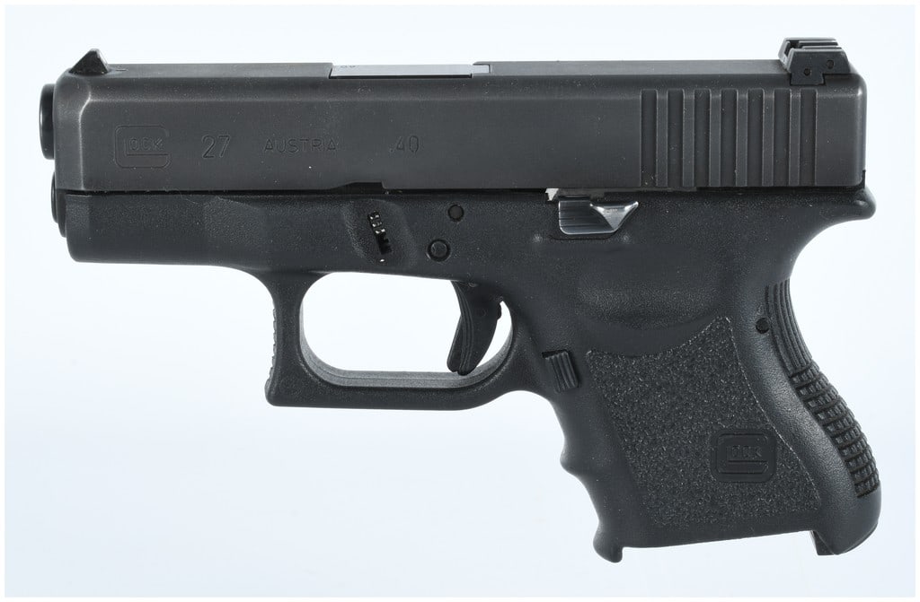 Glock 27 Gen 3 Semi-Automatic Pistol .40 S&W Serial Number CUX899: A single Glock Model 27 Gen 3 semi-automatic pistol chambered in .40 S&W. This subcompact, striker-fired pistol features a matte black finish on the slide and a black polymer frame equipped with integ
