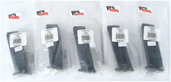 A Group of Five Pro Mag 17-Round 9MM Blue Steel Magazines for Ruger SR9 Pistols