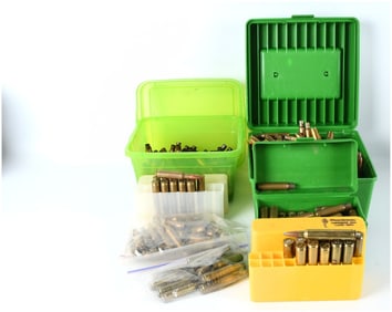 Large Collection of Mixed Rifle Ammunition and Empty Brass Casings in MTM and Flambeau Boxes