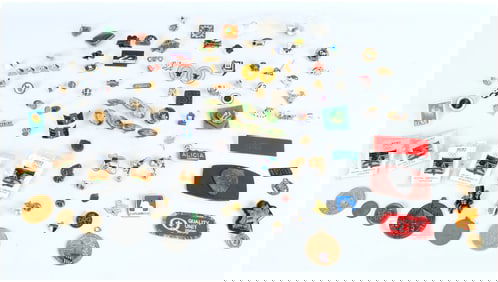 A Collection of 105 Vintage and Modern Enamel Pins, Medallions, and Collectibles including Olympic