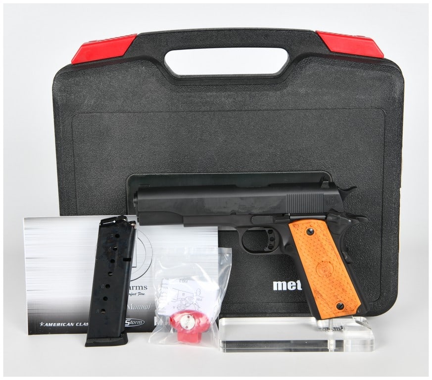 Metro Arms/TriStar American Classic 1911 Government Semi-Automatic Pistol, .45 ACP: A single semi-automatic pistol of the M1911 Government pattern manufactured by Metro Arms Corporation and imported by TriStar. The pistol features a full-size frame and slide finished in matte black.