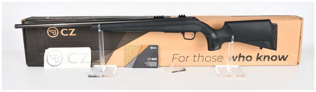 CZ 600 AL1 Bolt-Action Rifle in .224 Valkyrie (24 inch BBL) Serial Number G106414: A modern CZ 600 AL1 bolt-action rifle, chambered in the high-velocity .224 Valkyrie cartridge. Serial Number G106414. This rifle features a matte black finish on the barrel and receiver, paired with a