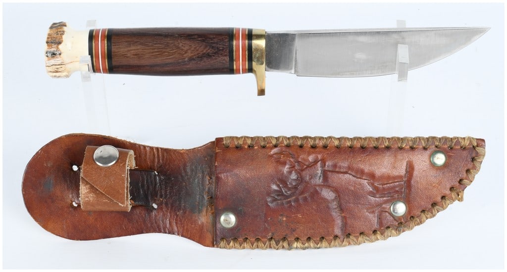 A Marbles USA Fixed Blade Hunting Knife with Stag and Wood Handle and Sheath (1 of 8)