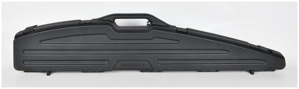 DoskoSport Hard-Sided Single Scoped Rifle or Shotgun Case: This is a DoskoSport hard-sided long gun case constructed of black textured polymer, designed to accommodate a single scoped rifle or shotgun. The case features a molded carrying handle, four external