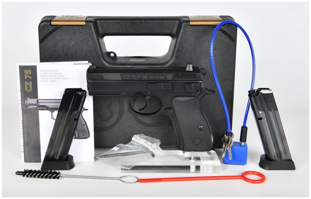 CZ 75 P-06 Semi-Automatic Pistol in .40 S&W, Serial Number B404766: CZ 75 P-06 semi-automatic pistol, Serial Number B404766. This is a compact variant of the CZ 75 series, chambered in .40 S&W. The pistol features a matte black Polycoat finish and is equipped with che