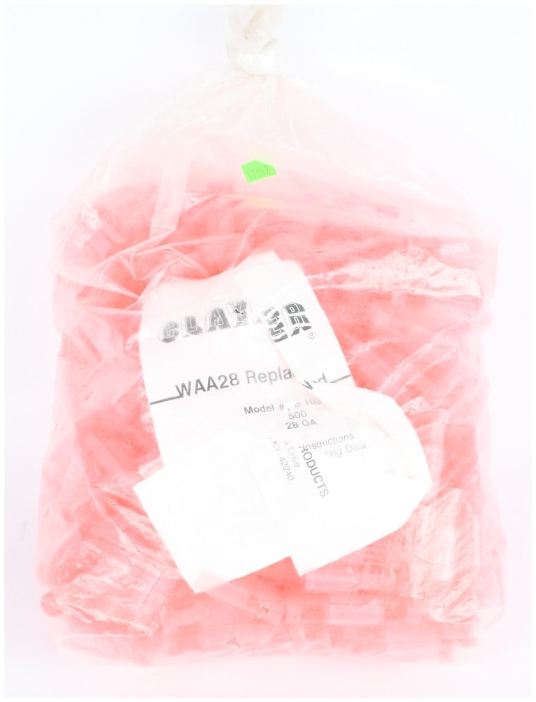 Claybuster Products WAA28 Replacement Shotgun Wads 28 Gauge 500 Count: A bulk lot of 500 new, unused shotgun shell reloading components manufactured by Claybuster Products. These components are identified on the internal label as WAA28 Replacement Wads, Model # S 103, de