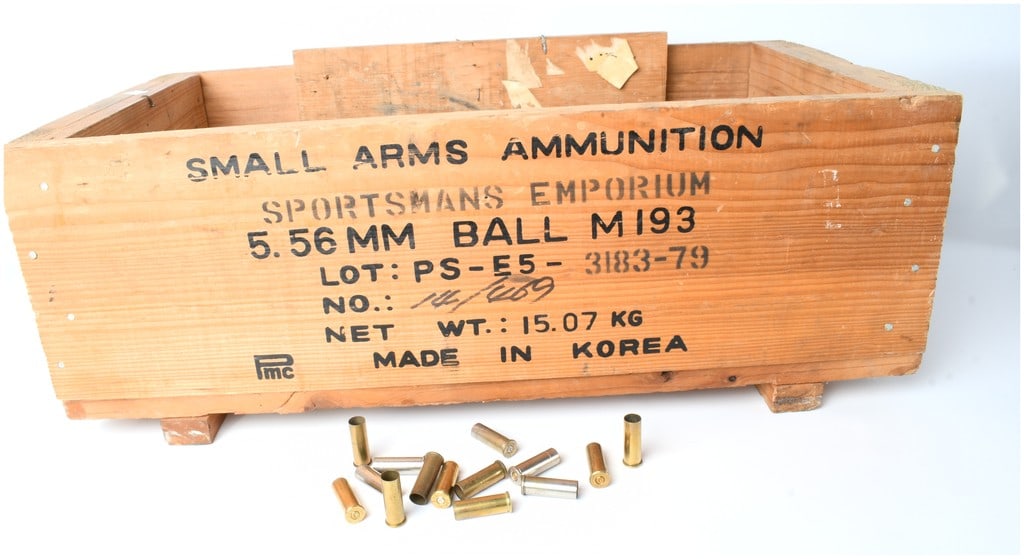 A Bulk Lot of Spent .38 Special Brass and Nickel Cartridge Casings in a PMC 5.56mm Ammunition Wood (1 of 3)