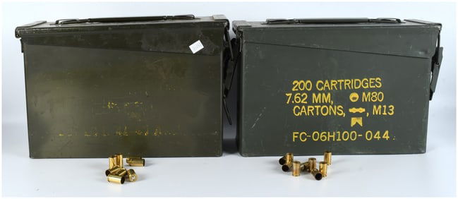A Pair of Military Surplus Metal Ammunition Cans with Spent Brass Casings (7.62mm and .380 ACP)
