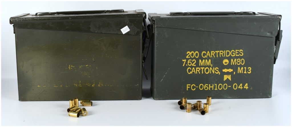 A Pair of Military Surplus Metal Ammunition Cans with Spent Brass Casings (7.62mm and .380 ACP) (1 of 3)