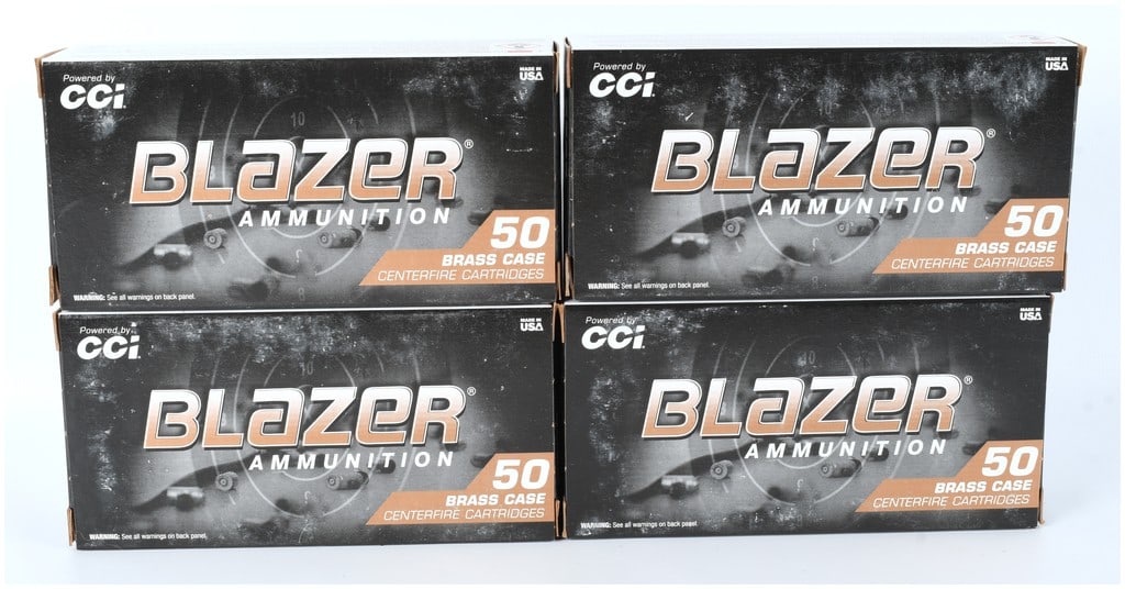 A Lot of 200 Rounds CCI Blazer Brass 9mm Luger 124 gr. FMJ Ammunition: A lot consisting of 200 rounds of CCI Blazer Brass Centerfire Cartridges, 9mm Luger caliber. The lot comprises four factory boxes, each containing 50 rounds (Product Number 5201). The ammunition is