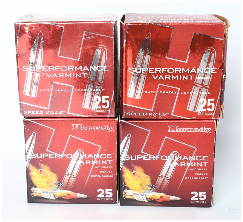 Hornady Superformance Varmint .17 Hornet 20 Grain V-MAX Ammunition Lot of 100 Rounds: This lot consists of 100 rounds of Hornady Superformance Varmint centerfire rifle ammunition. The ammunition is chambered in .17 Hornet and features the 20 grain V-MAX polymer-tipped bullet. The lot