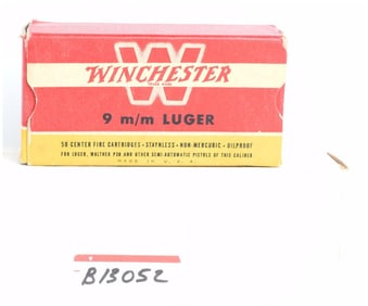 A Lot of 100 Mixed Ammunition and Projectiles in a Vintage Winchester 9mm Luger Box
