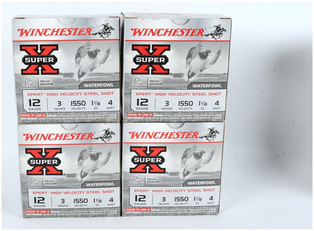 Winchester Super-X Xpert High Velocity Steel Shot Ammunition 12 Gauge 3 Inch #4 Shot Lot of 100: A lot of 100 rounds of Winchester Super-X Xpert High Velocity Steel Shot ammunition. This load is specifically designed for waterfowl hunting, featuring lead-free steel shot. The ammunition is