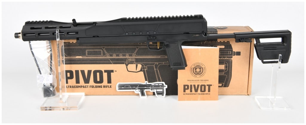Trailblazer Firearms Pivot Semi-Automatic Folding Rifle, 9x19mm (P9-1234): This is a modern Trailblazer Firearms Pivot Semi-Automatic Folding Rifle, Serial Number P9-1234. The rifle is chambered in 9x19mm (9MM Luger). The Pivot is an ultracompact rifle designed for portabili