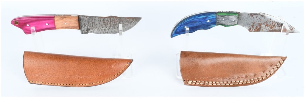 A Pair of Modern Handmade Damascus Fixed-Blade Knives with Laminated Wood Handles (1 of 20)