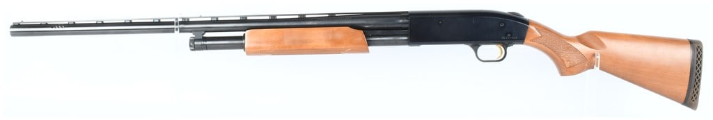 Mossberg Model 500 Pump-Action Shotgun, 12 Gauge (28" BBL): This is a Mossberg Model 500 pump-action shotgun chambered in 12 Gauge. The firearm features a high-gloss black receiver and a blued 28" barrel with a vented rib. The furniture consists of light brown