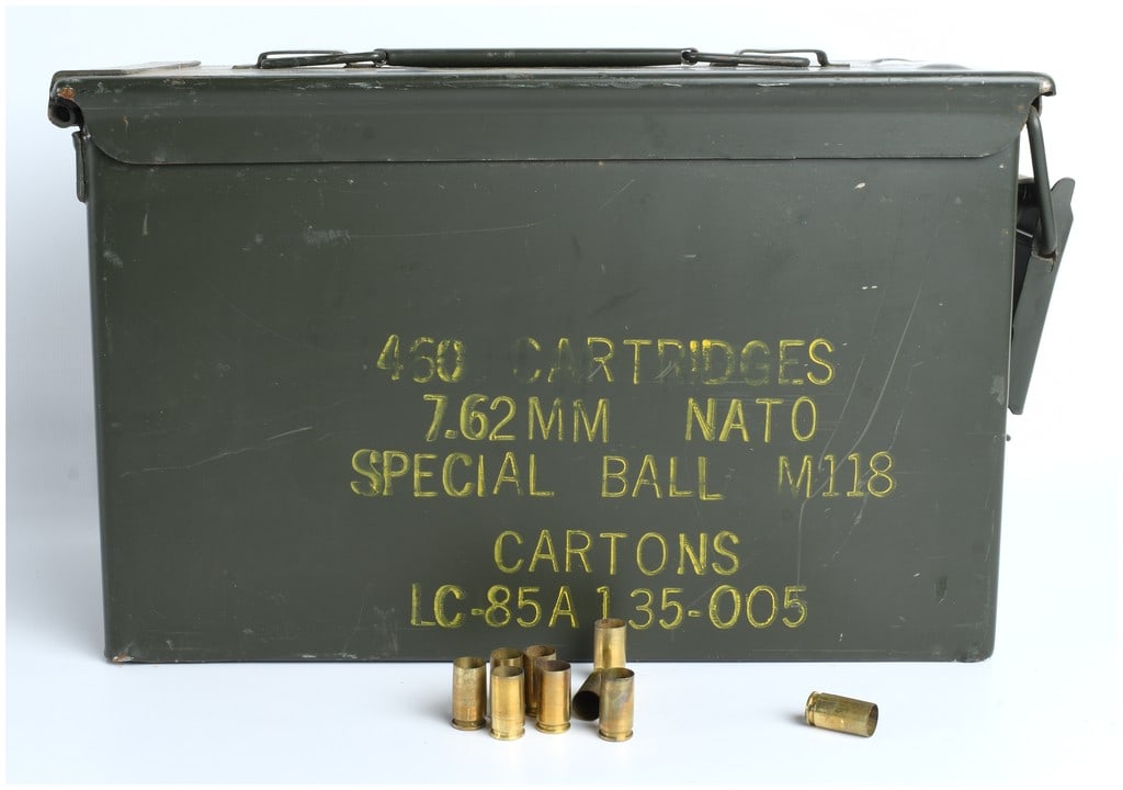 US Military Surplus Metal Ammo Can Stenciled 7.62mm NATO M118 with Bulk Spent Brass Casings (1 of 2)