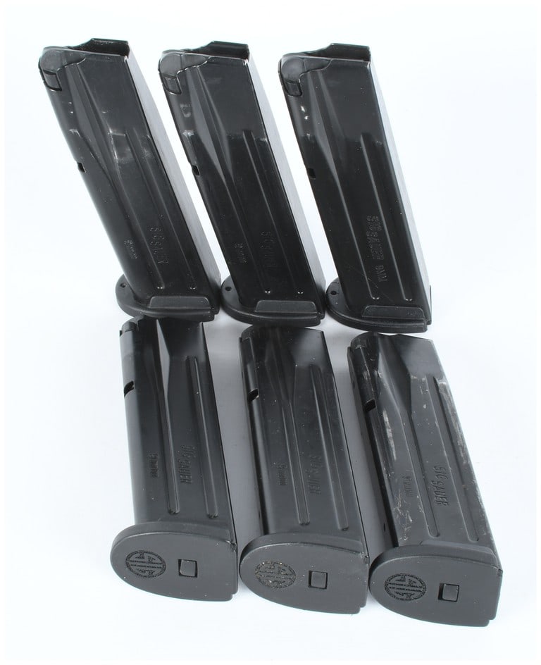 A Collection of Six SIG Sauer P320 Full Size 9mm 17-Round Magazines: A Collection of Six SIG Sauer Factory Detachable Box Magazines for the P320 Full Size or similar 9mm pistol platform. These are genuine factory magazines constructed with black-finished steel bodies a