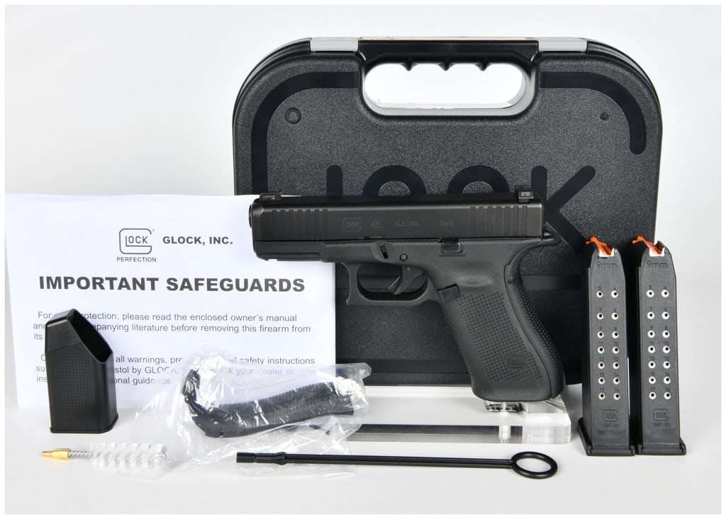Glock Model 45 Gen5 Semi-Automatic Pistol (4.0 inch BBL) 9x19mm Serial PA6112PD: This lot consists of two items: a Glock Model 45 Generation 5 (G45 Gen5) semi-automatic pistol and its factory-cased accessories. The pistol is chambered for the 9x19mm cartridge and utilizes a strike