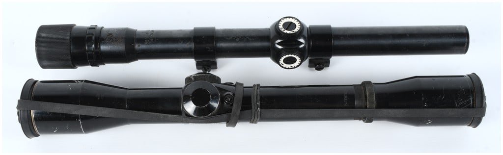 A Pair of Vintage American Rifle Scopes Weaver K2-A and Bushnell Scopechief: This lot consists of two vintage American telescopic rifle sights. The first optic is a fixed power scope, marked WEAVER K2-A USA. It features a matte black finish and is mounted with fixed rings. The