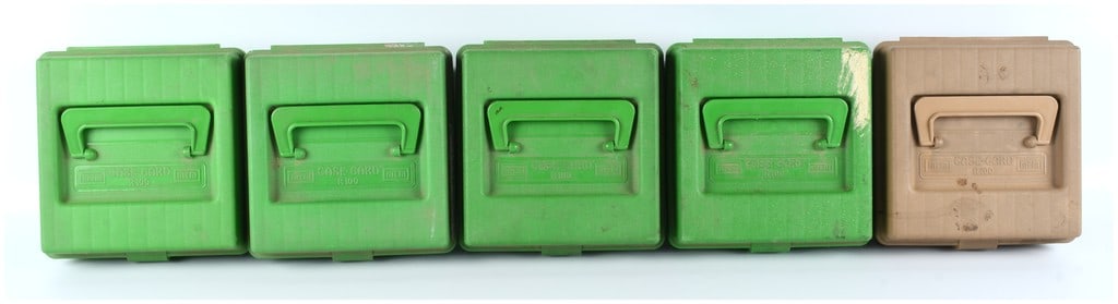 Lot of 5 MTM Case-Gard R100 100-Round Rifle Ammunition Storage Boxes: A collection of five MTM Case-Gard R100 polymer ammunition storage boxes. These flip-top boxes are designed to hold 100 rifle cartridges or casings, featuring an internal 10x10 grid structure suitable