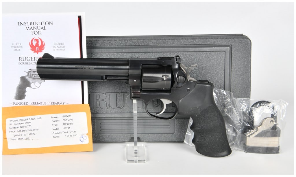 Ruger GP100 Double-Action Revolver, .357 Magnum (6 inch BBL): This is a modern Sturm Ruger & Co. GP100 double-action revolver, chambered for the powerful .357 Magnum cartridge, also capable of firing .38 Special ammunition. The revolver features a heavy, full-lu