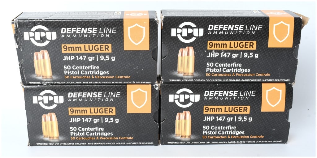 PPU Defense Line Ammunition 9mm LUGER JHP 147 Grain (Lot of 200 Cartridges): A lot of 200 factory-loaded centerfire pistol cartridges manufactured by PPU (Prvi Partizan) under their Defense Line Ammunition series. The ammunition is chambered in 9mm LUGER and features 147 grain