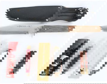 A Collection of 7 Knives and Boxes including Fabre Bowie and Kershaw Multi-Tool