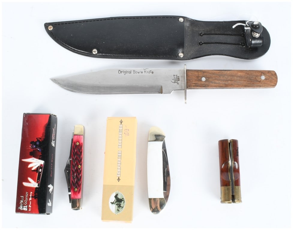 A Collection of 7 Knives and Boxes including Fabre Bowie and Kershaw Multi-Tool: This lot consists of a collection of seven items, including one fixed-blade knife with its sheath, four folding knives, and two corresponding boxes. The fixed-blade knife is a Bowie style with a stain