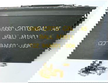 A Large Metal Ammo Can Stenciled for 1000 Rounds .45 BALL M1911 Containing Spent Brass Casings