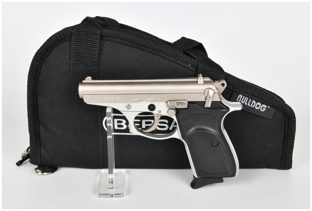 Bersa Thunder 22 Semi-Automatic Pistol, Caliber .22 L.R., Serial Number D00434: A single Bersa Thunder 22 semi-automatic pistol, chambered in .22 Long Rifle. This pistol features a blowback action and is designed as a double-action/single-action (DA/SA) firearm. The finish is