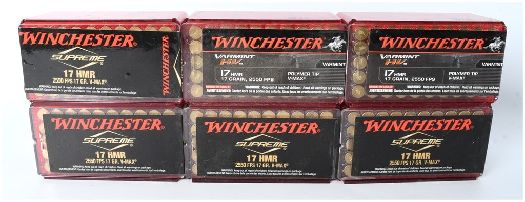 A Lot of 300 Rounds Winchester .17 HMR Ammunition 17 Grain V-MAX: This lot consists of 300 rounds of factory-loaded Winchester .17 HMR rimfire ammunition, packaged in six individual 50-round plastic boxes. The ammunition features a 17 grain V-MAX polymer tip