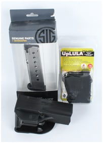 A Trio of SIG Sauer P220 and P250 Pistol Accessories including Magazine, Holster, and Mag Loader
