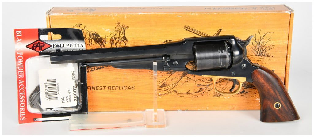Uberti Model 1858 New Army Single-Action Percussion Revolver, .44 Caliber (8 inch BBL), SN A42590: A single Uberti Model 1858 New Army Single-Action Percussion Revolver, serial number A42590, chambered in .44 caliber Black Powder Only. This is a modern Italian reproduction of the iconic Remington