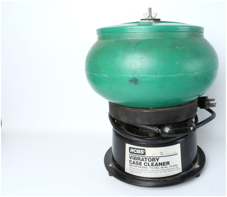 1982 RCBS Reloading Equipment Vibratory Case Cleaner: This is a vintage RCBS Vibratory Case Cleaner, manufactured on February 23, 1982, as indicated by the Form #200338-0897 label on the motor base. The unit consists of a black cylindrical 115 VAC motor