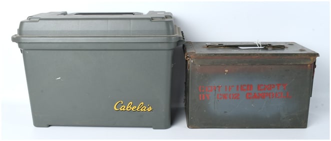 A Pair of Ammunition Storage Containers: Cabela's Dry-Storage Box and Military Metal Can
