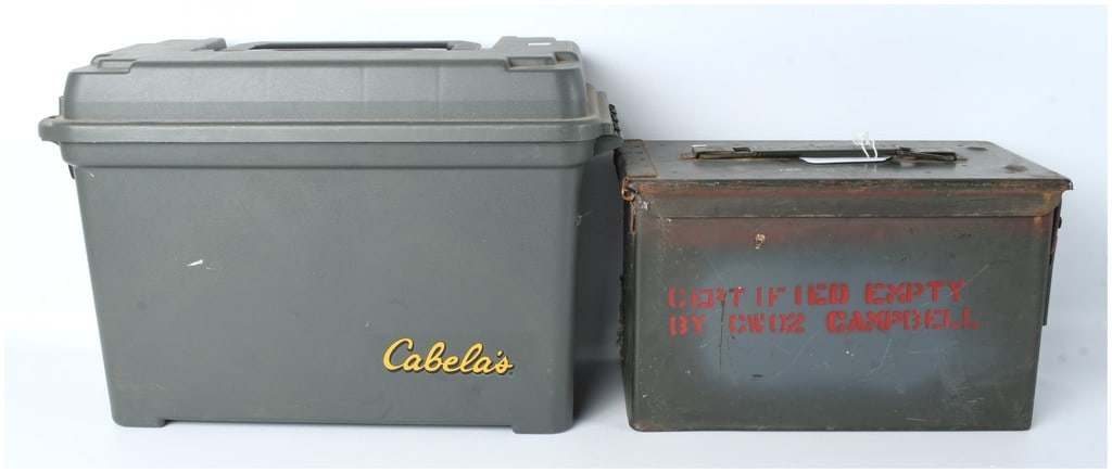 A Pair of Ammunition Storage Containers: Cabela's Dry-Storage Box and Military Metal Can: This lot consists of a pair of ammunition and utility storage containers, verified to contain two distinct items. The first item is a large polymer Cabela's Dry-Storage Ammo Box, finished in olive