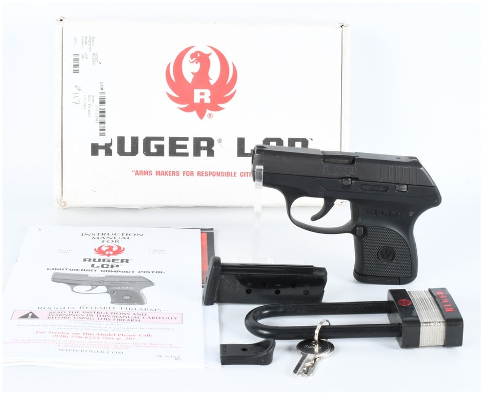 Ruger LCP Semi-Automatic Pistol .380 AUTO Serial Number 378-53043: This lot consists of one Sturm, Ruger & Co. LCP (Lightweight Compact Pistol) semi-automatic pistol, Model 03701, chambered in .380 AUTO. The pistol features a black blued steel slide and a black polym