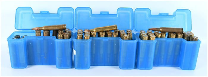A Lot of 52 Rounds of .308 Norma Magnum Ammunition with Plastic Storage Containers