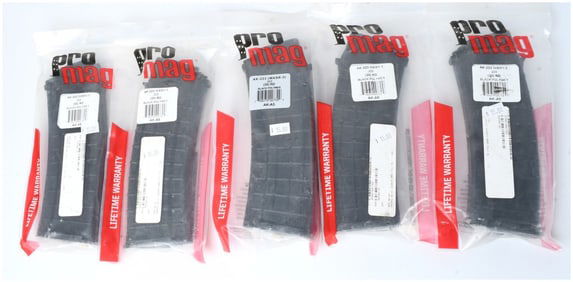 A Lot of Five ProMag AK-223 WASR-3 .223 Caliber 30-Round Black Polymer Magazines