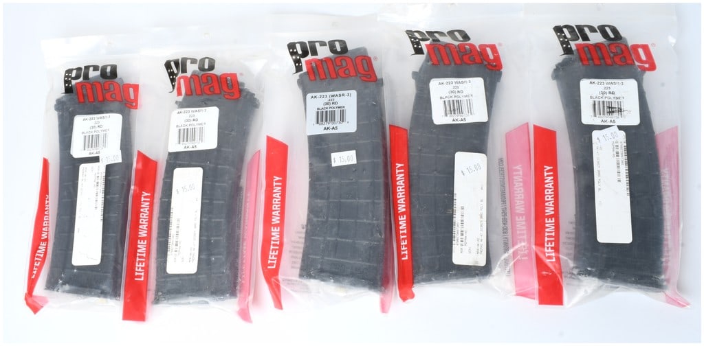 A Lot of Five ProMag AK-223 WASR-3 .223 Caliber 30-Round Black Polymer Magazines: This lot consists of five new, packaged detachable box magazines manufactured by ProMag Industries. The magazines are constructed of black polymer and are designed for use with rifles chambered in