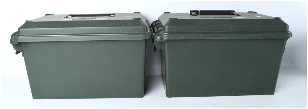 A Pair of MTM CASE-GARD Olive Green Utility Storage Boxes: This lot features a pair of MTM CASE-GARD heavy-duty utility storage containers, often marketed as dry boxes or ammo cans. The containers are constructed from deep olive green molded plastic and