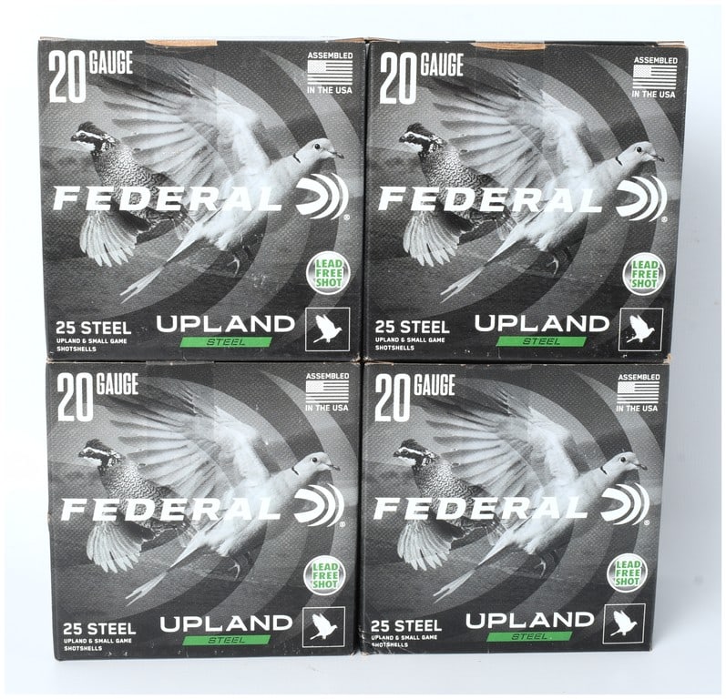 Federal Upland Steel 20 Gauge Shotshell Ammunition (100 Rounds): This lot consists of 100 rounds of Federal Upland Steel Shotshell Ammunition, packaged in four factory retail boxes of 25 rounds each. The ammunition is 20 Gauge, 2 3/4 inches in length, loaded with