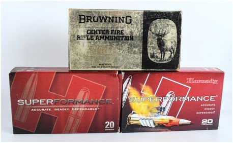 A Lot of 48 .338 Winchester Magnum Rifle Cartridges, Including Vintage Browning and Hornady