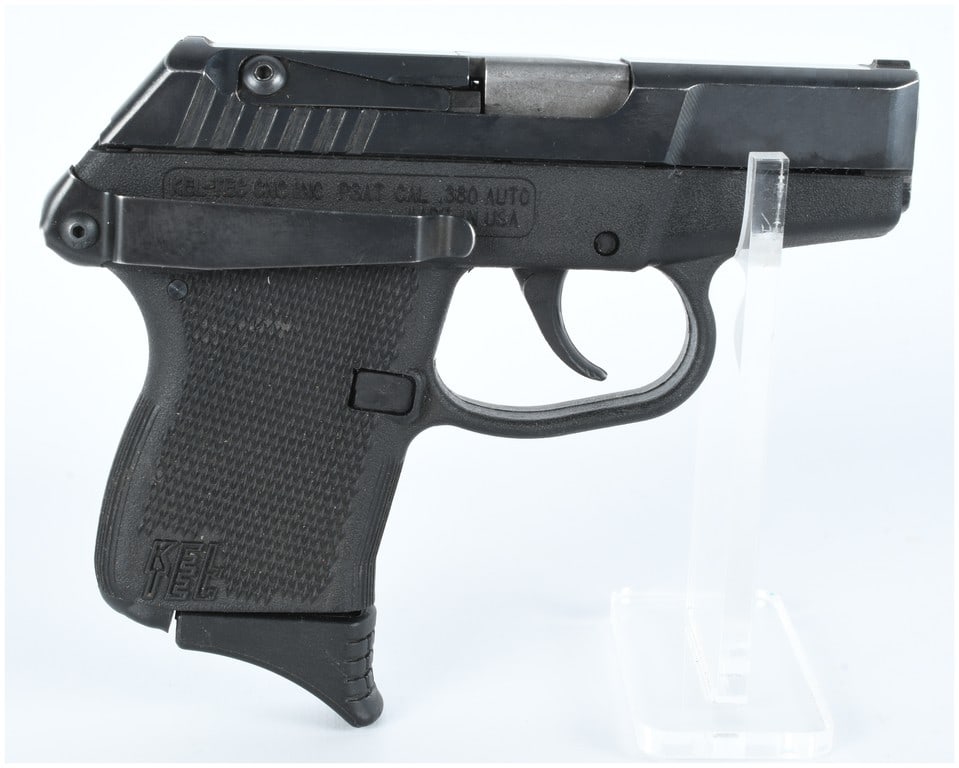Kel-Tec P3AT Semi-Automatic Pistol, .380 AUTO, Serial Number JH087: A single Kel-Tec P3AT semi-automatic pistol, Serial Number JH087. This is a compact, polymer-framed pistol designed for concealed carry. The pistol operates via a locked-breech, short-recoil