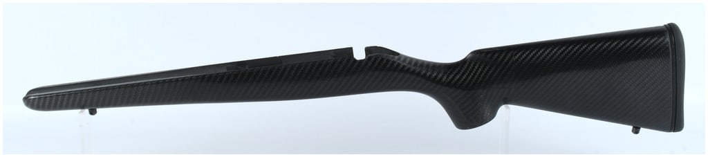 High-Gloss Carbon Fiber Composite Sporter Rifle Stock for Bolt Action Rifle: This is a single rifle stock accessory designed for a bolt-action rifle, featuring a traditional hunting or sporter profile. The stock is constructed entirely from lightweight black composite